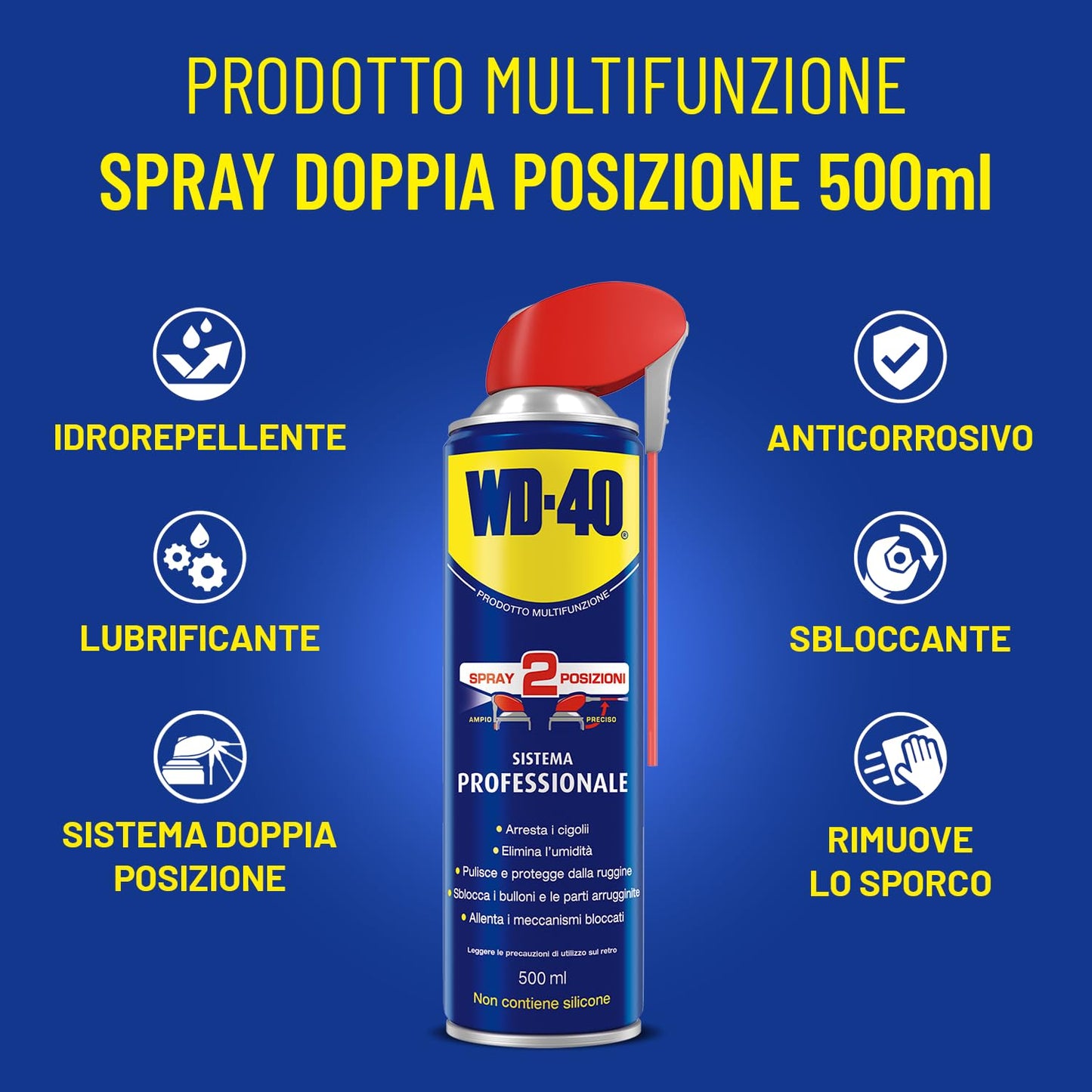 WD-40 - Prodotto Multifunzione - Lubrificante Spray Doppia Posizione - Elimina i cigolii, sblocca, idrorepellente, previene la ruggine - Per tutti i metalli, plastica, gomma - Senza silicone - 6x500ml