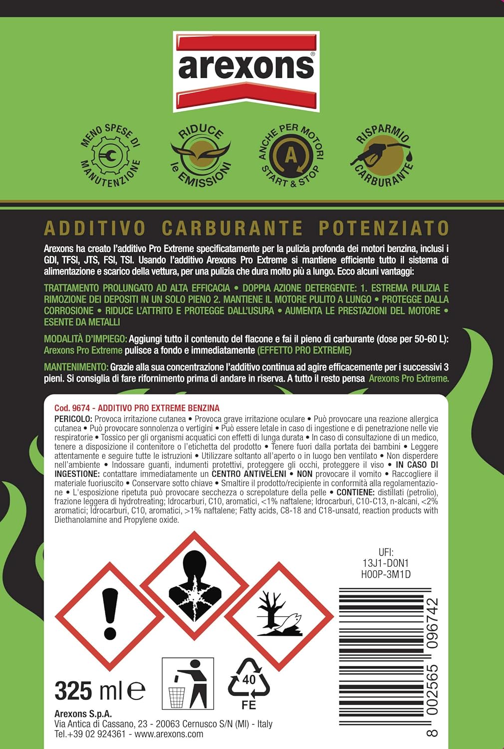 Arexons Additivo Pro Extreme Benzina, 325 ml, Adatto per Tutti Motori Benzina, 3 Volte Più Concentrato, Rimuove Depositi, Previene Ruggine, Mantiene Motore Pulito, Migliora le Prestazioni del Motore