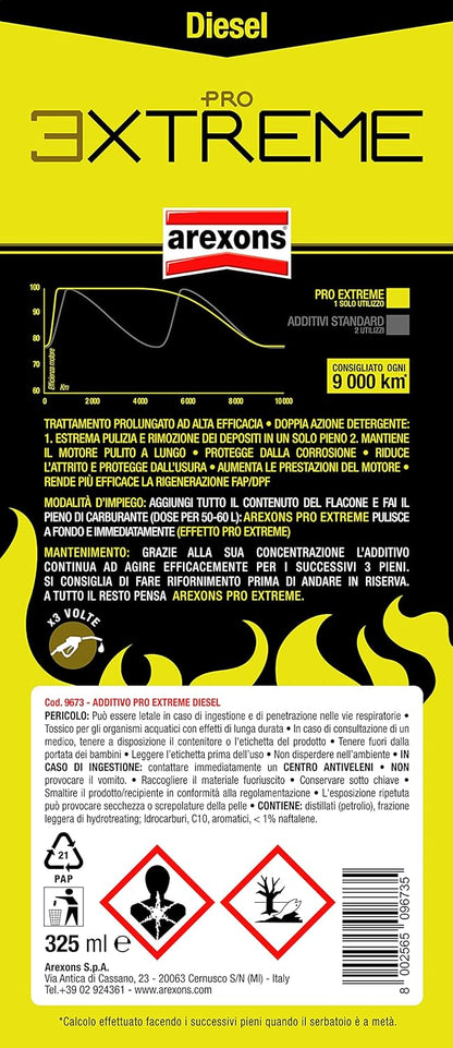 AREXONS Additivo PRO Extreme Diesel, 325 ml, Adatto per Tutti Motori Gasolio, 3 Volte più Concentrato, Protegge dalla Corrosione, Mantiene Motore Pulito, Migliora Le Prestazioni del Motore Diesel