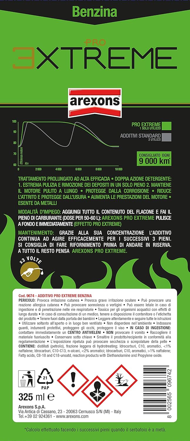 Arexons Additivo Pro Extreme Benzina, 325 ml, Adatto per Tutti Motori Benzina, 3 Volte Più Concentrato, Rimuove Depositi, Previene Ruggine, Mantiene Motore Pulito, Migliora le Prestazioni del Motore